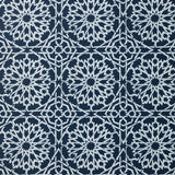 Detail of fabric in a small-scale lattice print in white on an indigo field.