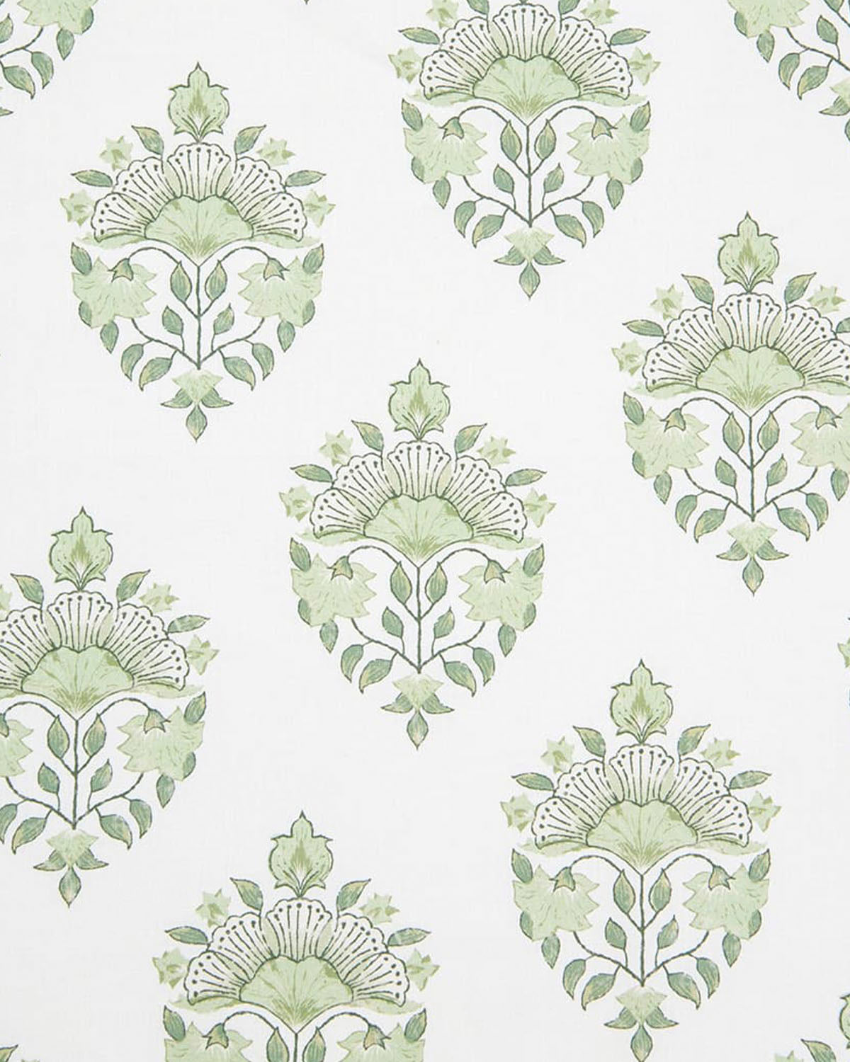 Detail of wallpaper in a floral paisley print in shades of green on a white field.