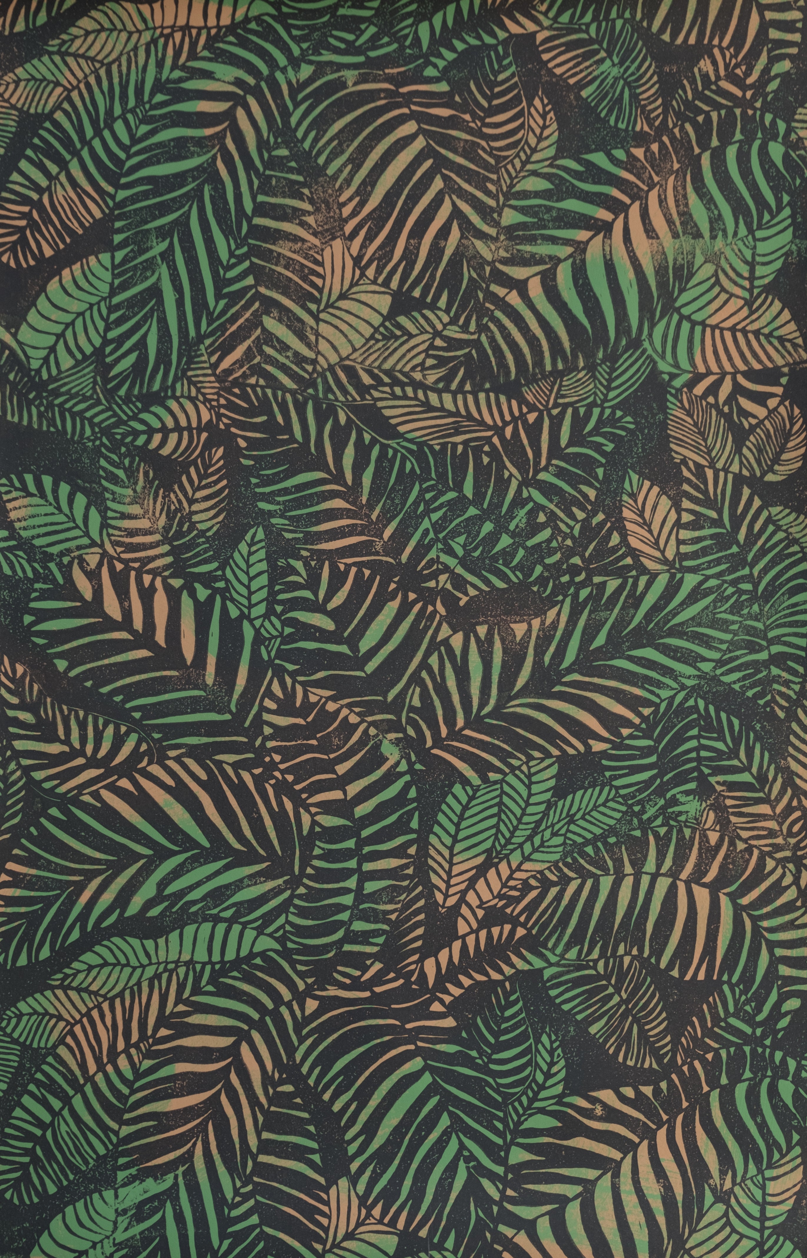 Detail of wallpaper in a dense leaf print in green and tan on a purple field.