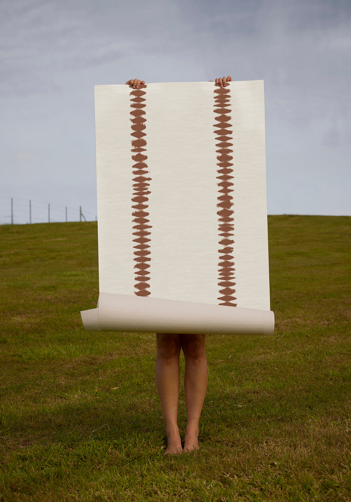Person holding a brown stripe wallpaper against a grassy field and cloudy sky.