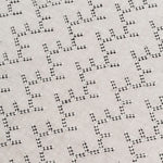 Detail of embroidered fabric in a linear geometric print in white and black on a cream field.