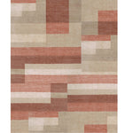 Patterned rug with geometric design in red and beige tones on a white background
