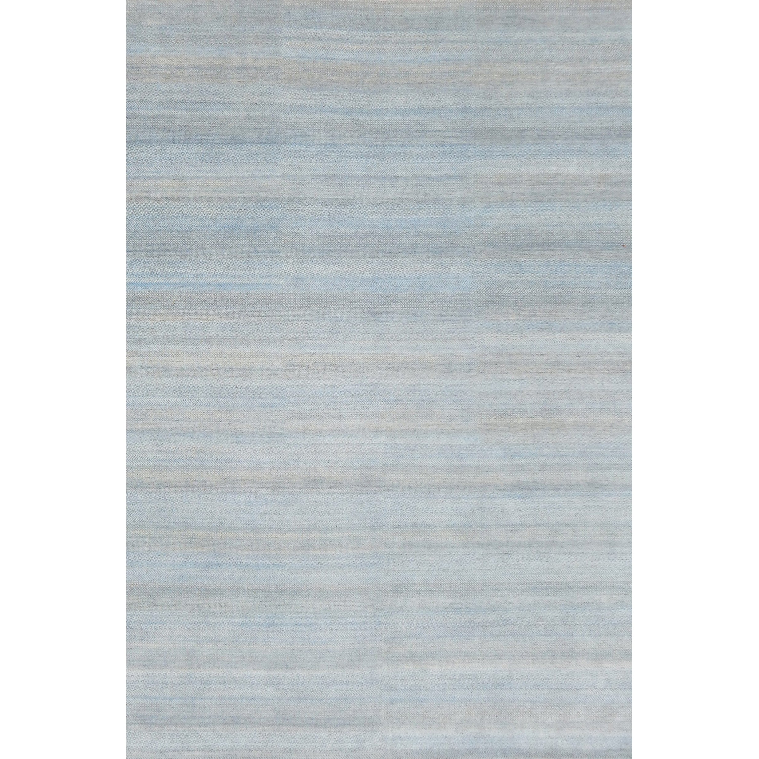 Full image of Handknotted rug with small scale geometric pattern in grey and blue. 