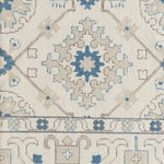 Close-up of an ornate patterned rug with blue and beige colors