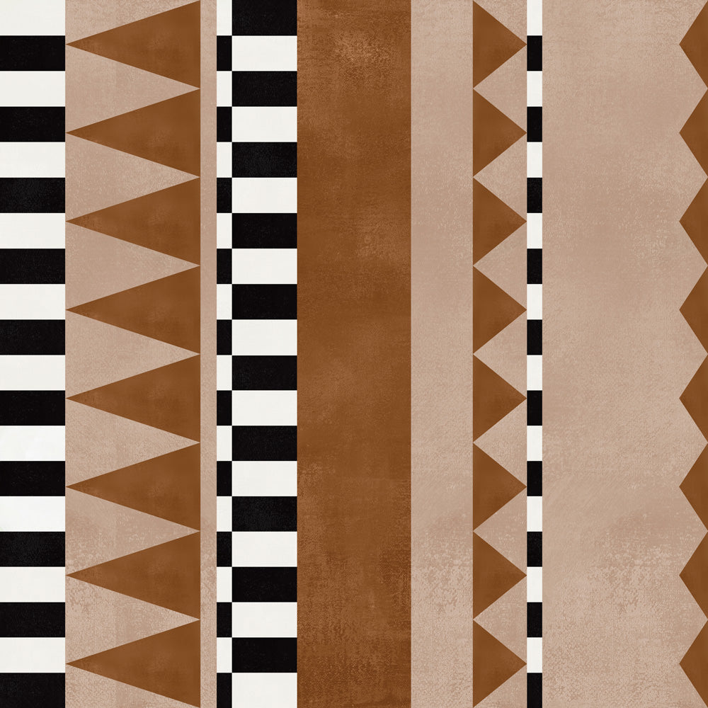 bold geometric print in brown and tan with black and white accents.