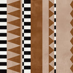 bold geometric print in brown and tan with black and white accents.