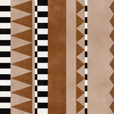 bold geometric print in brown and tan with black and white accents.
