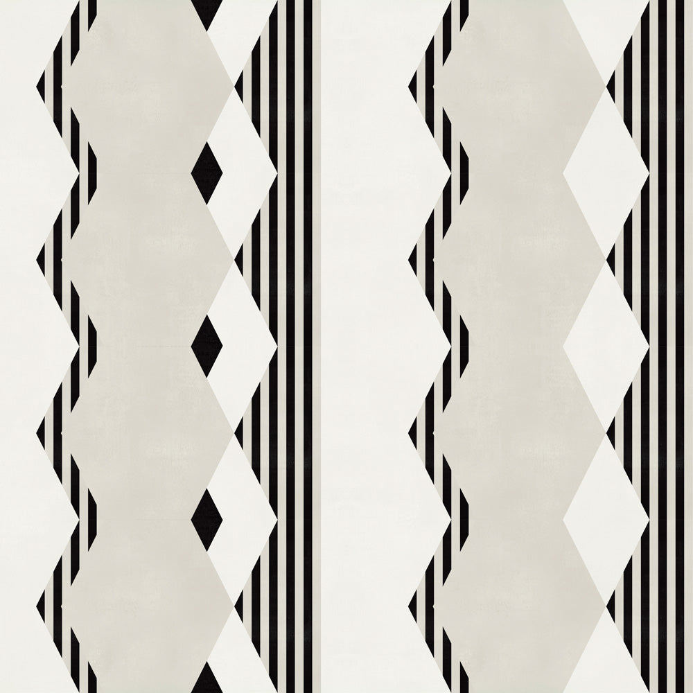 Graphic geometric design in ecru, cream and black. 