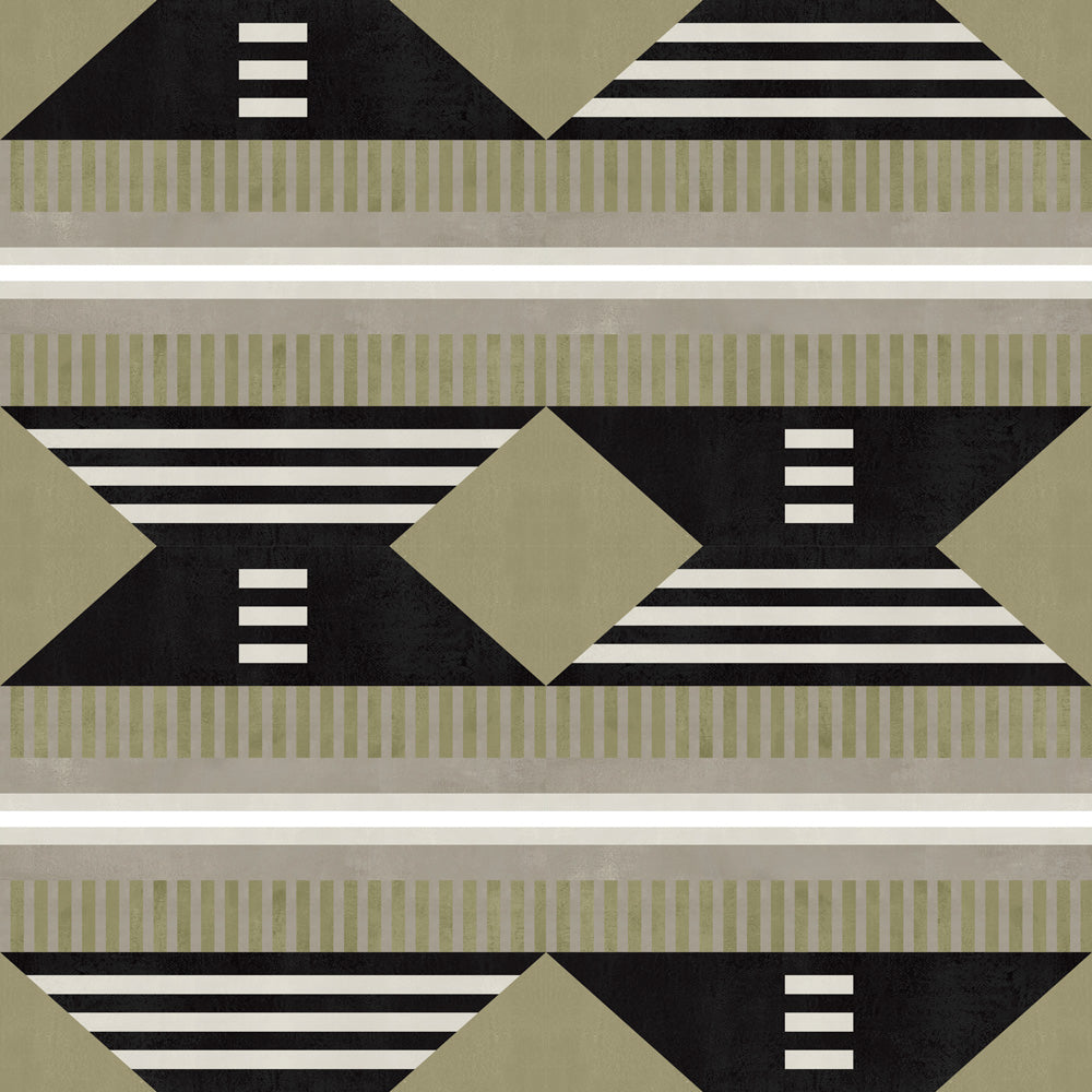 Graphic geometric design in sage green, taupe, white and black.