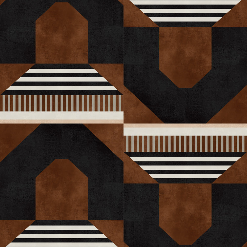 Graphic geometric design in burn siena, black, taupe and cream.