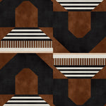 Graphic geometric design in burn siena, black, taupe and cream.