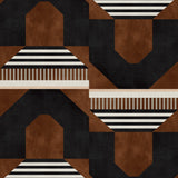 Graphic geometric design in burn siena, black, taupe and cream.