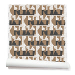 A wallpaper roll with a pattern of brown geometric vessel shapes over a white background with charcoal grey horizontal stripes.