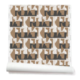 A wallpaper roll with a pattern of brown geometric vessel shapes over a white background with charcoal grey horizontal stripes.