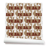 Wallpaper roll with a pattern of warm taupe geometric vessel shapes over a white background with brick red horizontal stripes.