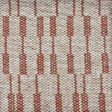 Handwoven rug sample in an oatmeal field with a stacked rust red and brown stripe. 