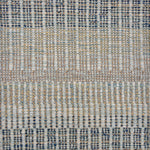 Handwoven rug sample in a textural stripe design in mottled shades blue, grey, tan and yellow. 