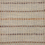 Handwoven rug sample in a striped pattern in shades of brown and tan on a cream and grey field. 