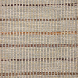 Handwoven rug sample in a striped pattern in shades of brown and tan on a cream and grey field. 