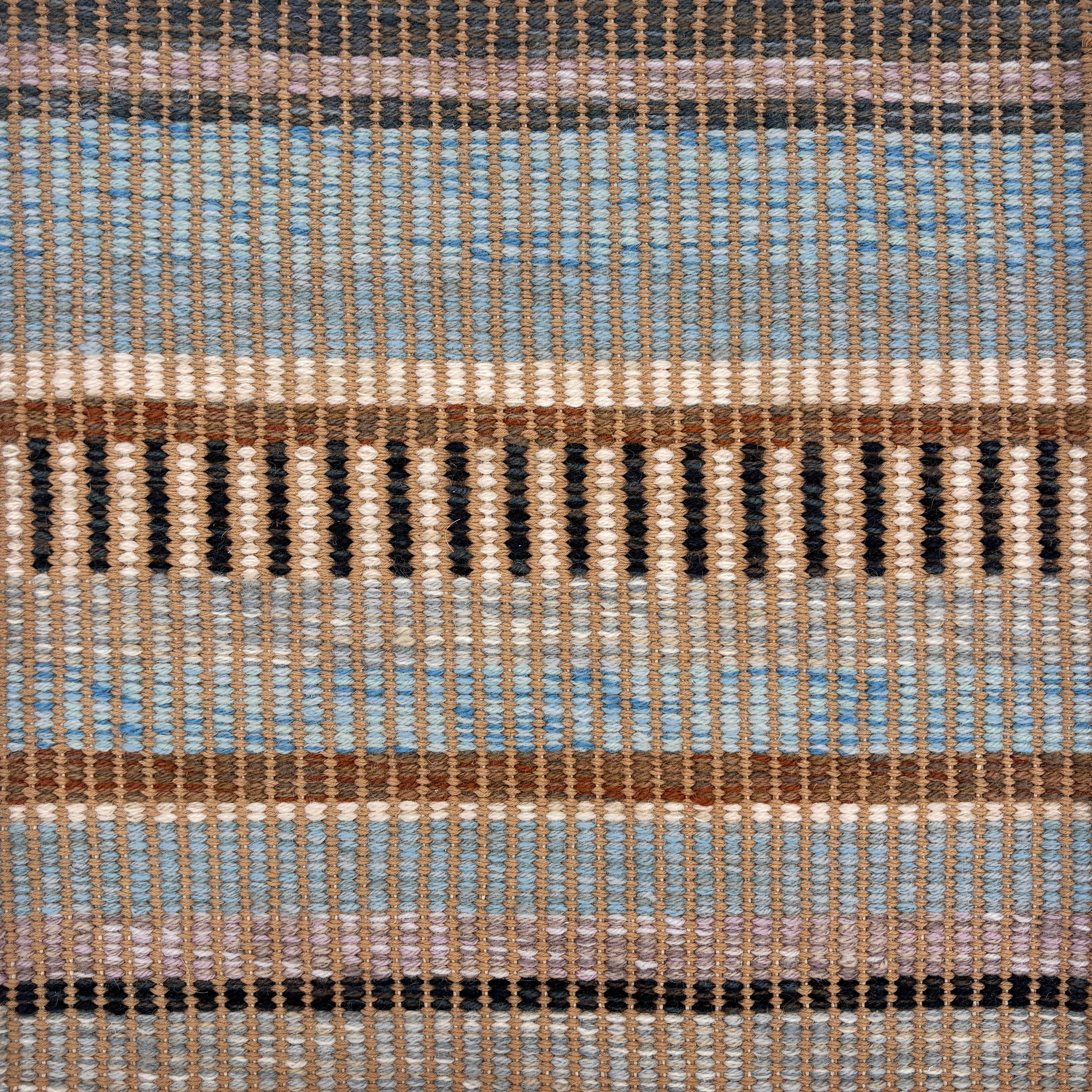 Handwoven rug sample in a mixed width stripe pattern  in light blue, brown, mauve, cream, charcoal and teal. 