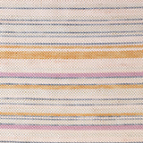 Close-up of a woven leather rug in an irregular stripe print in shades of pink, yellow and blue.