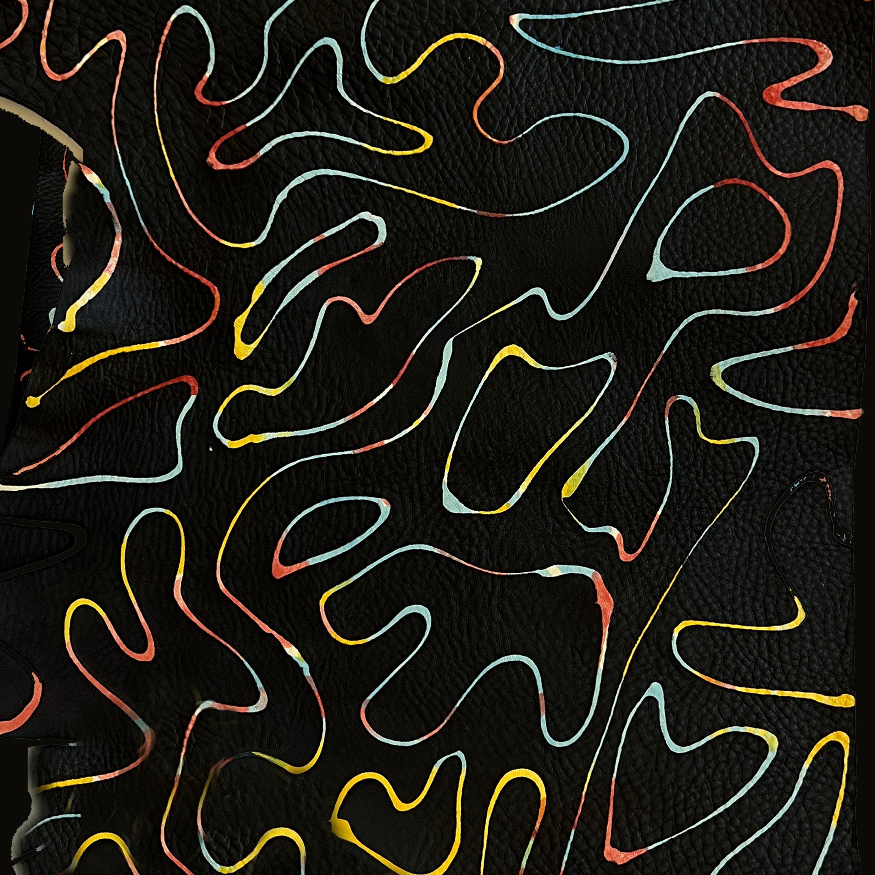 Close-up of cowhide upholstery leather in black with a multicolor curvilinear overlay.