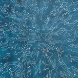 Close-up of a cowhide rug in mottled blue with a white curvilinear overlay.