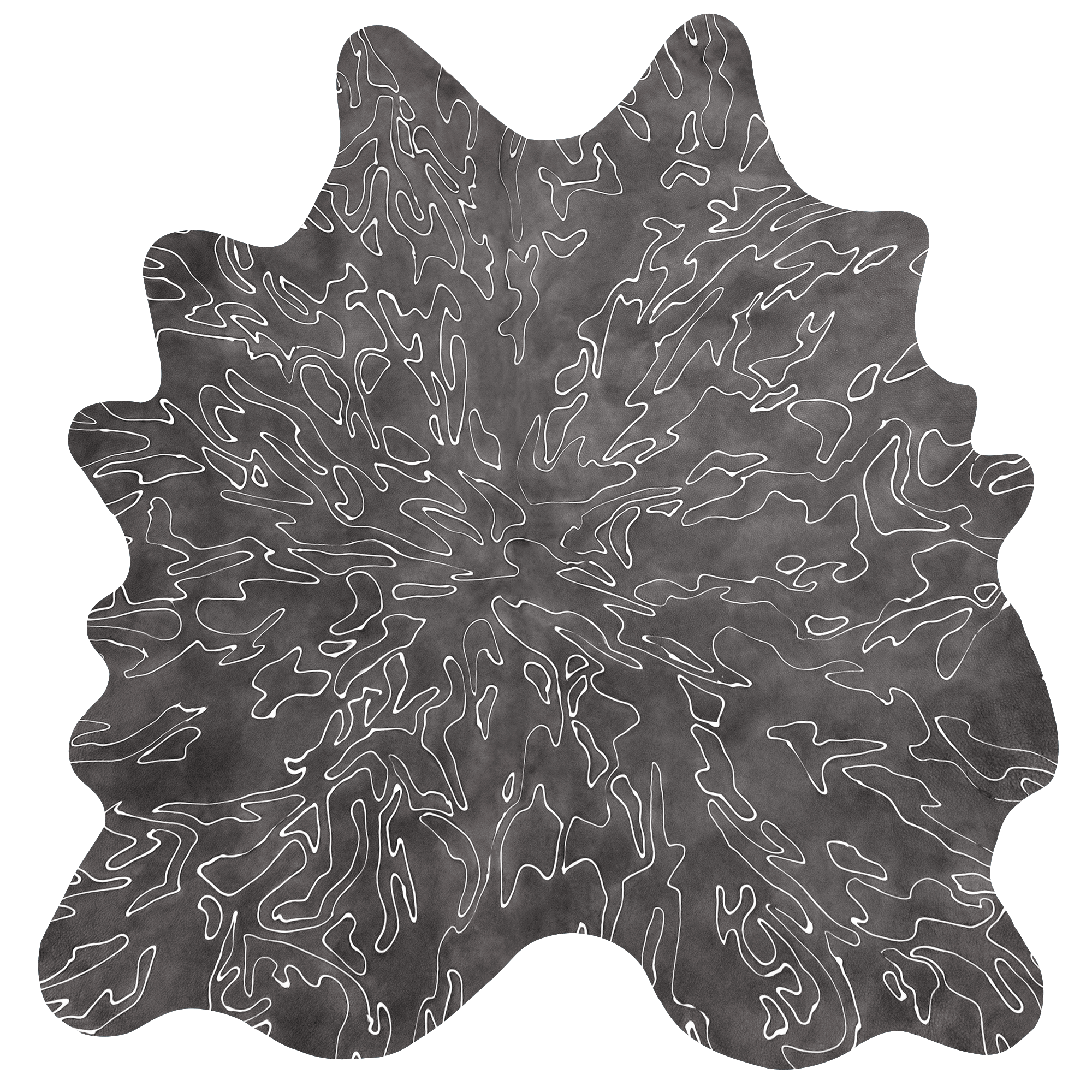 Detail of a cowhide rug in mottled gray with a white curvilinear overlay.