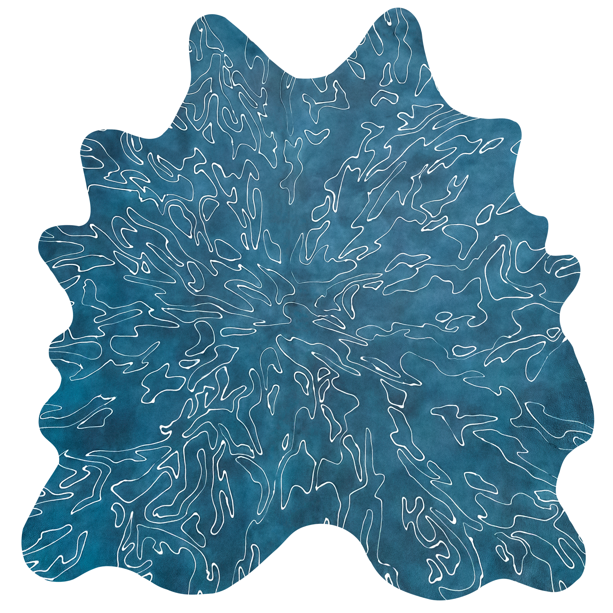 Detail of a cowhide rug in mottled blue with a white curvilinear overlay.