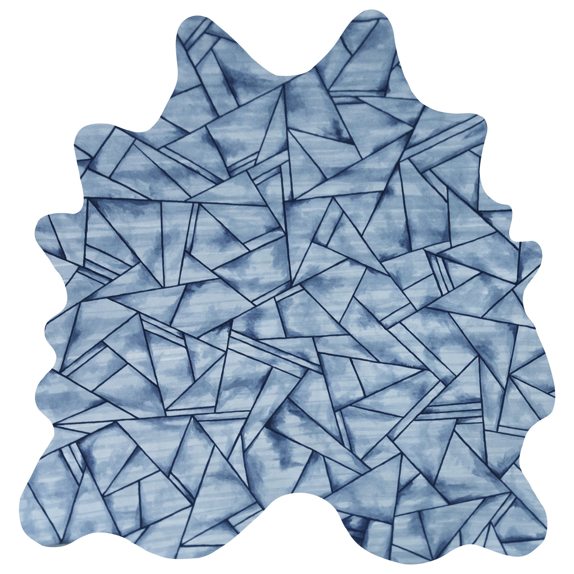 Detail of a cowhide rug in mottled blue and navy with a geometric black overlay.