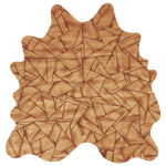 Detail of a cowhide rug in mottled tan with a geometric brown overlay.