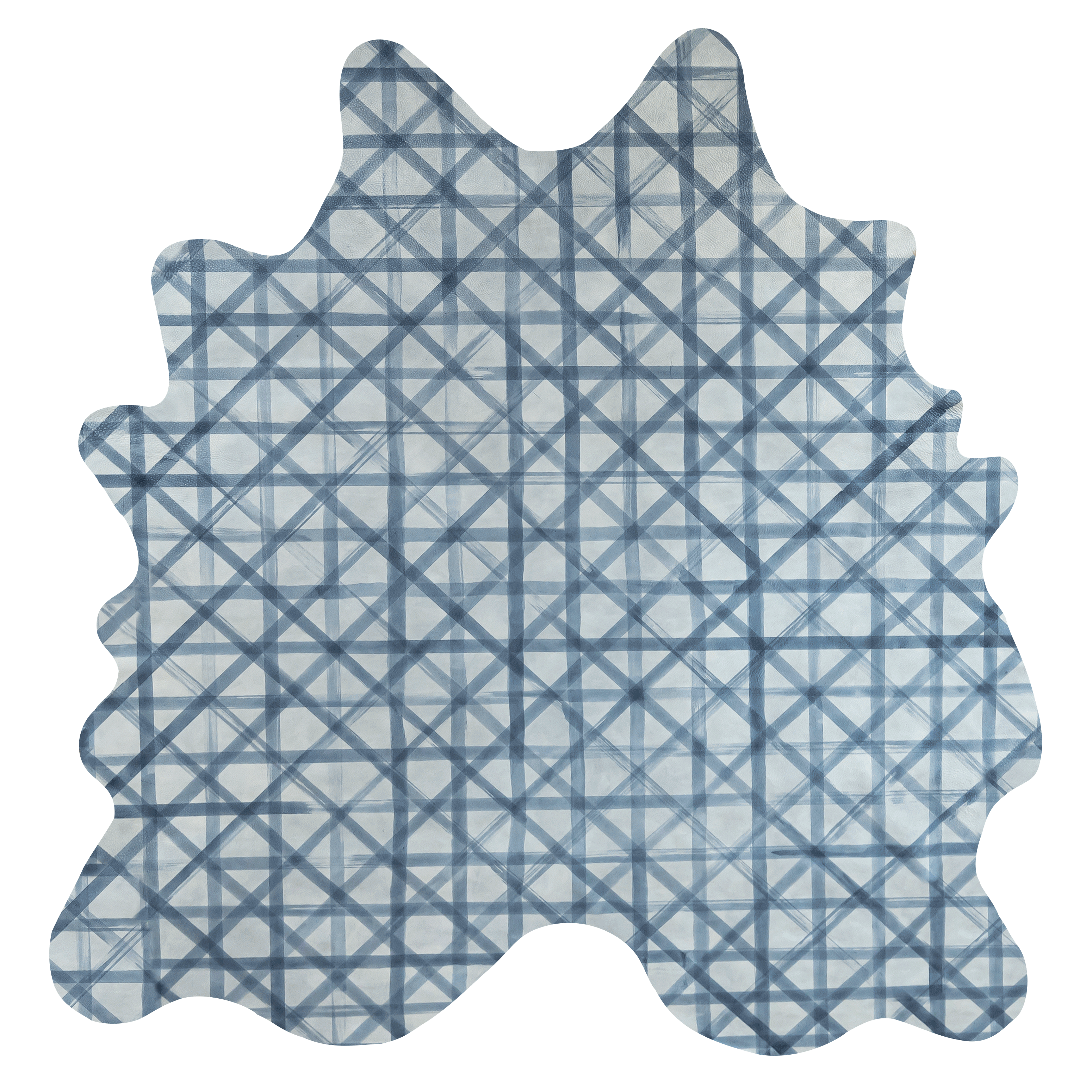 Detail of a large cowhide rug in cream with a blue lattice overlay.
