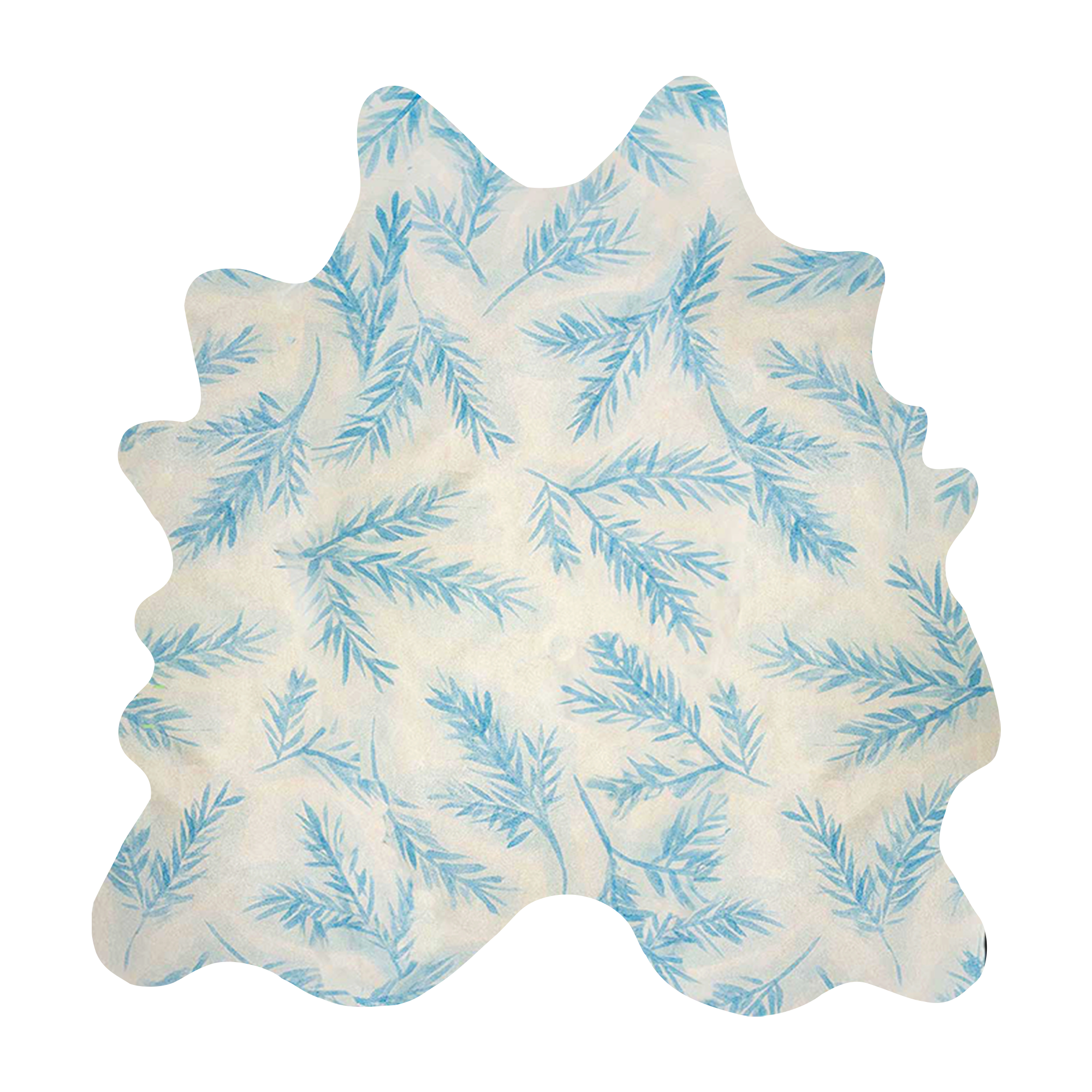 Detail of a cowhide rug in cream with a blue botanical overlay.