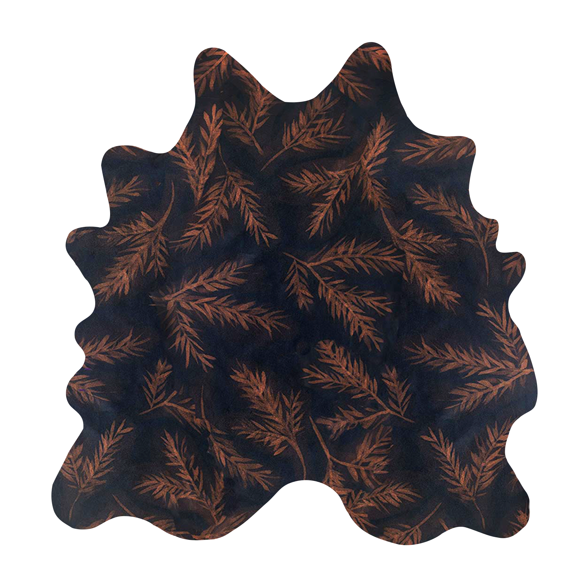 Detail of a cowhide rug in black with a brown botanical overlay.