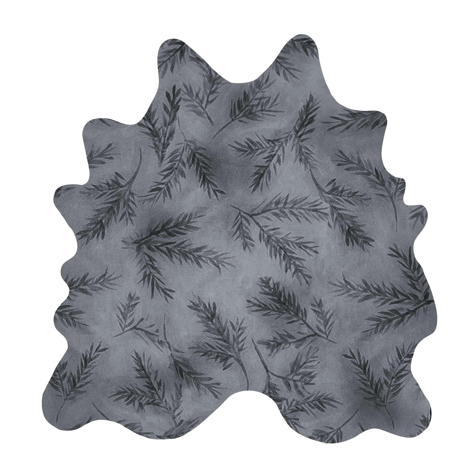 Detail of a cowhide rug in gray with a black botanical overlay.