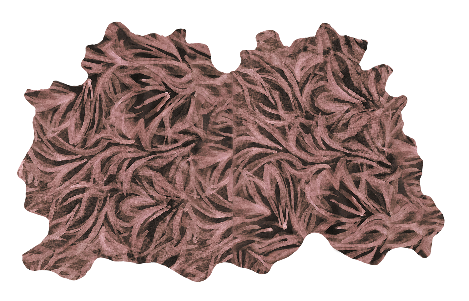 Detail of a large cowhide rug in black with a painterly botanical overlay in pink.