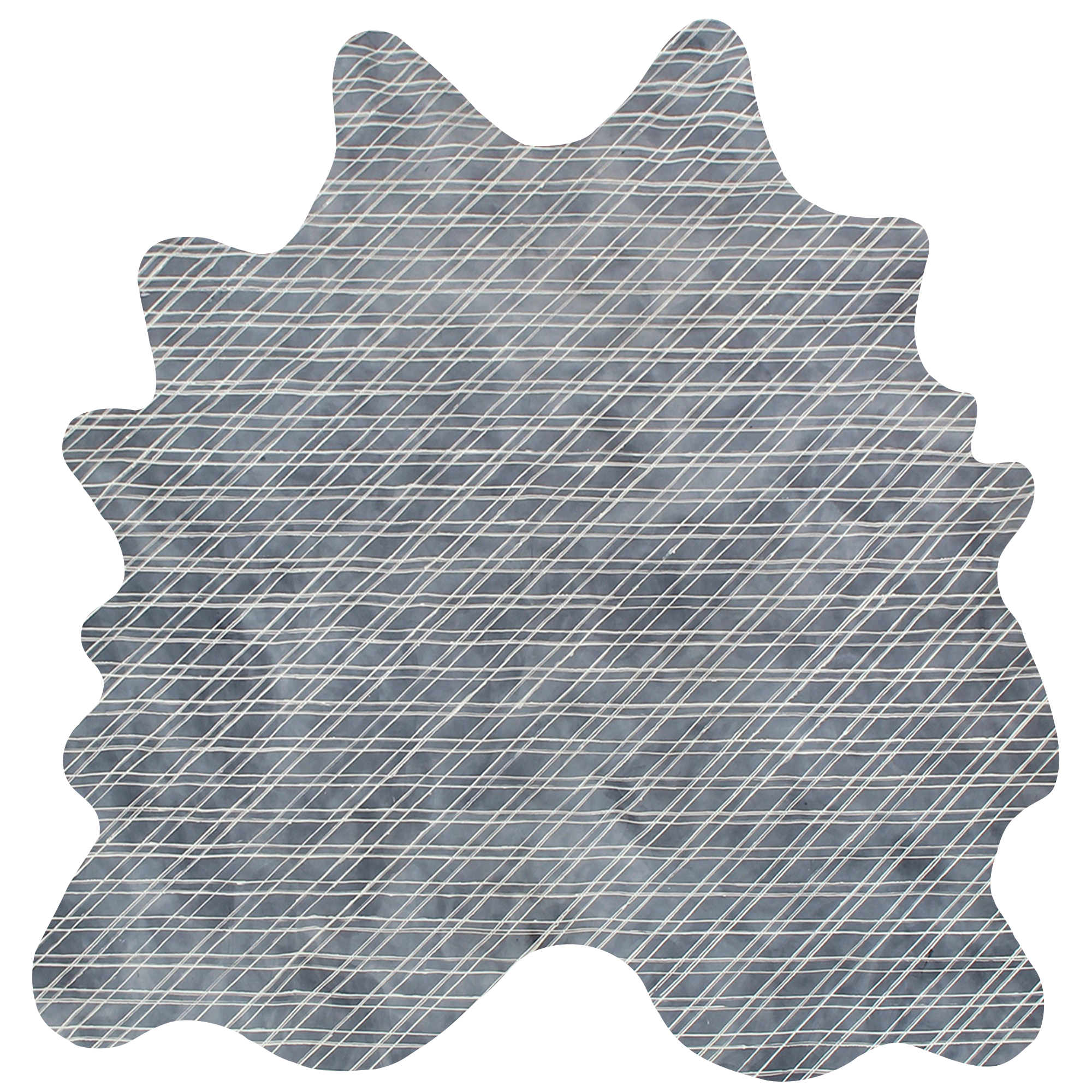 Detail of a cowhide rug in gray with a white lattice overlay.