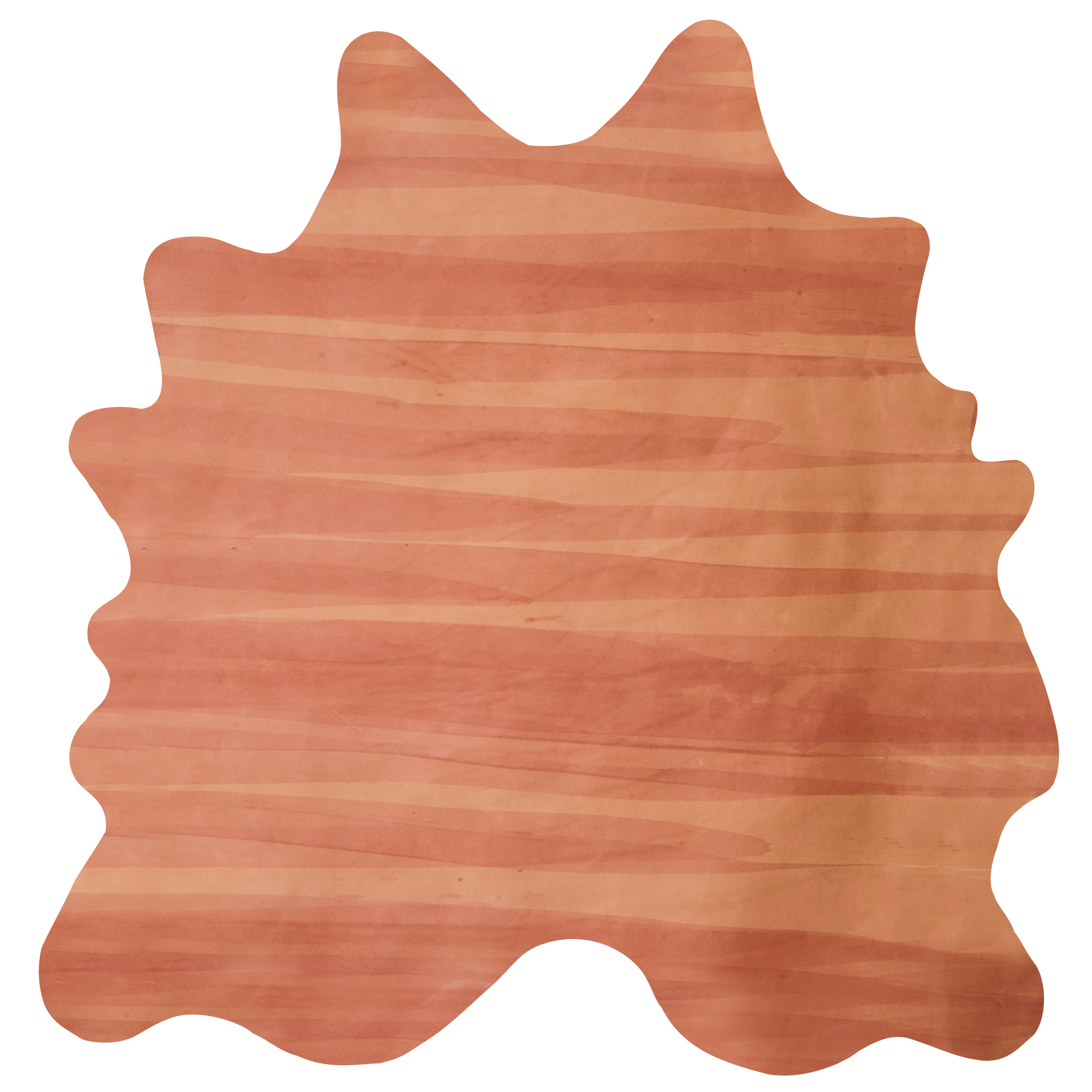 Detail of a cowhide rug in orange with an abstract stripe overlay in shades of orange and brown.