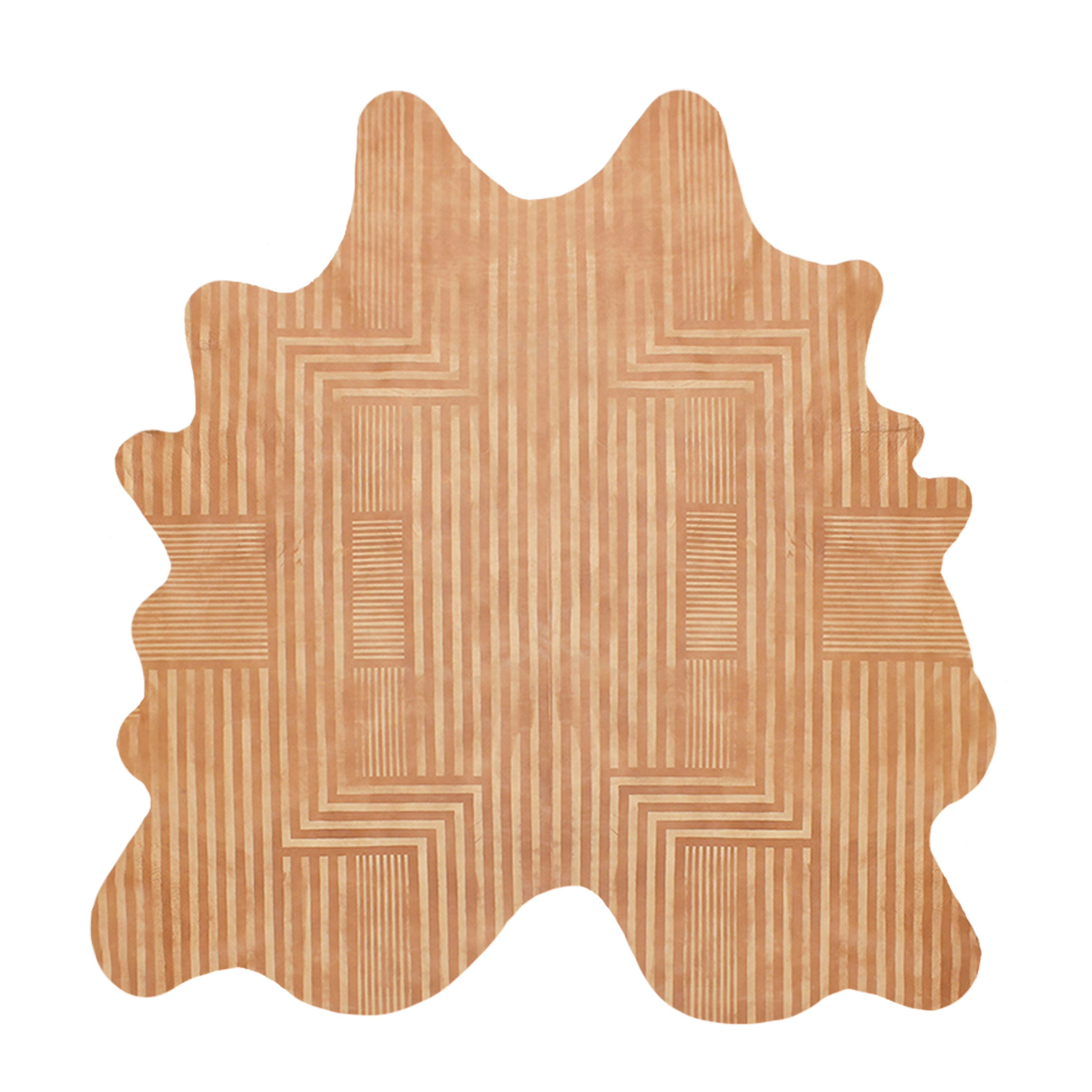 Detail of a cowhide rug in tan with a geometric stripe overlay in cream.