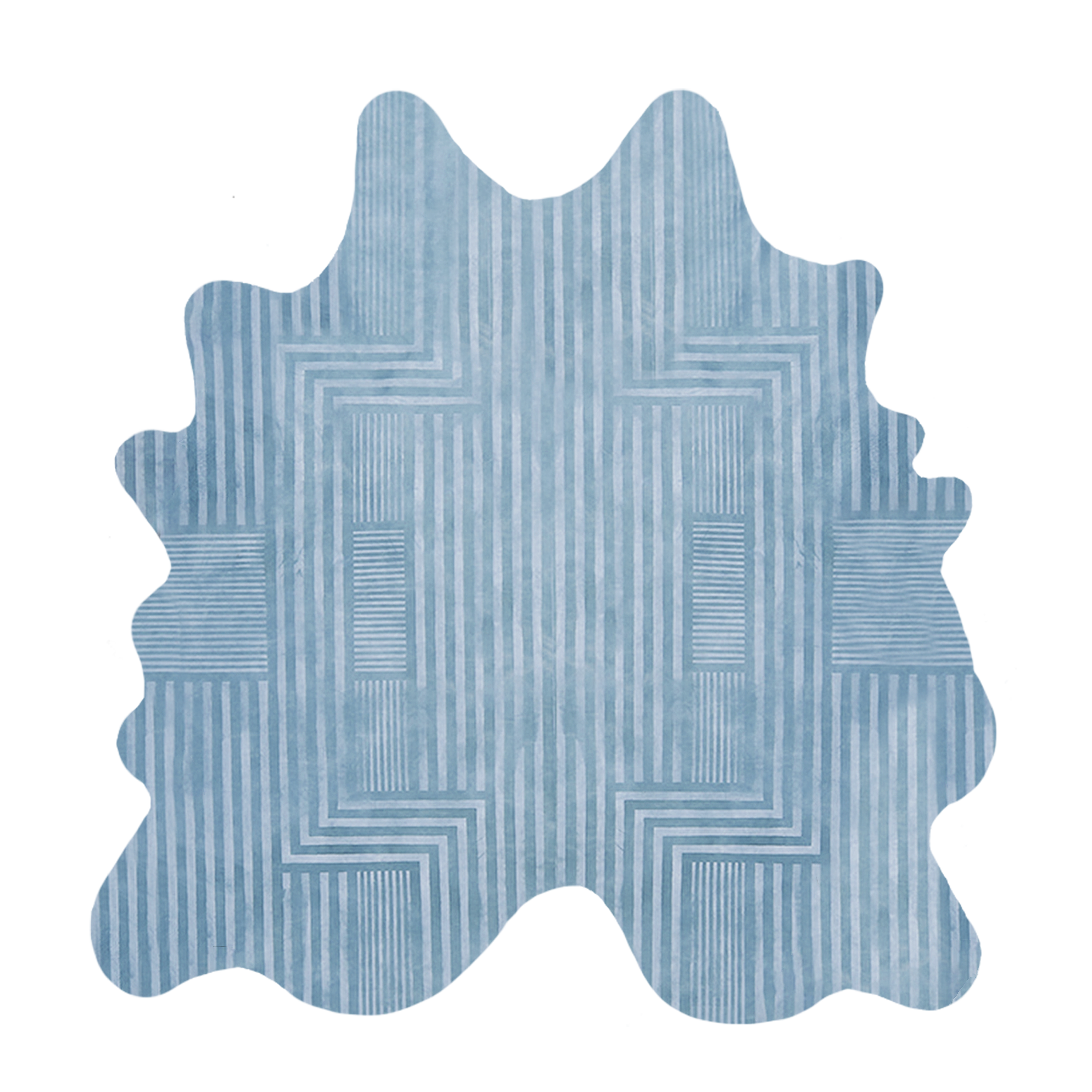 Detail of a cowhide rug in blue with a geometric stripe overlay in light blue.