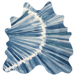 Detail of a cowhide rug in cream with an abstract painterly overlay in shades of blue.