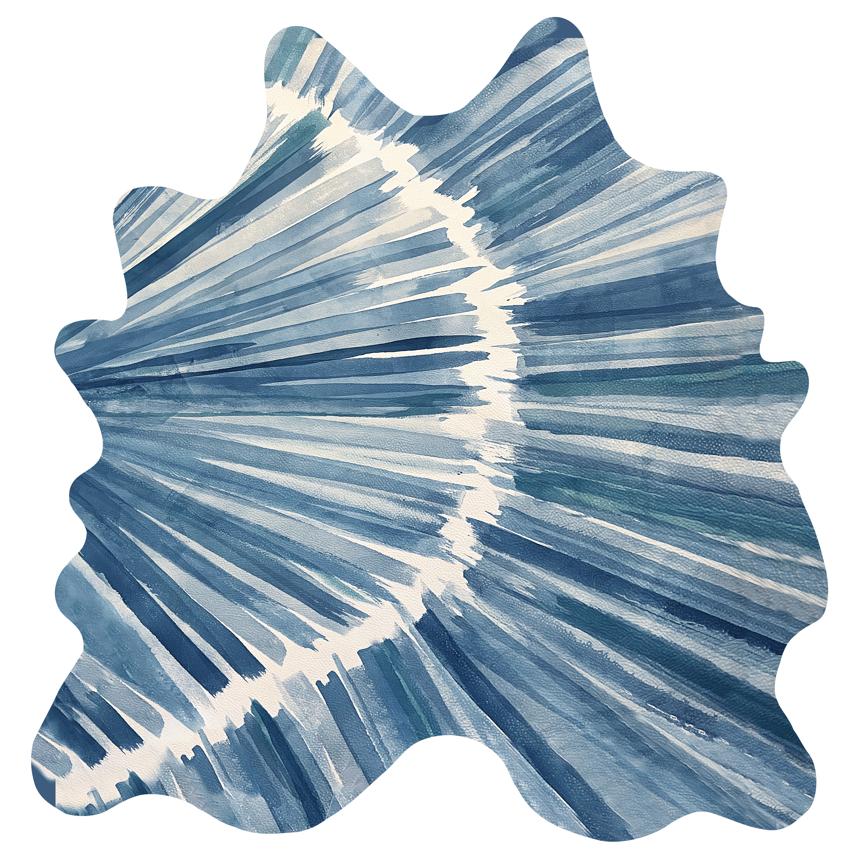Detail of a cowhide rug in cream with an abstract painterly overlay in shades of blue.
