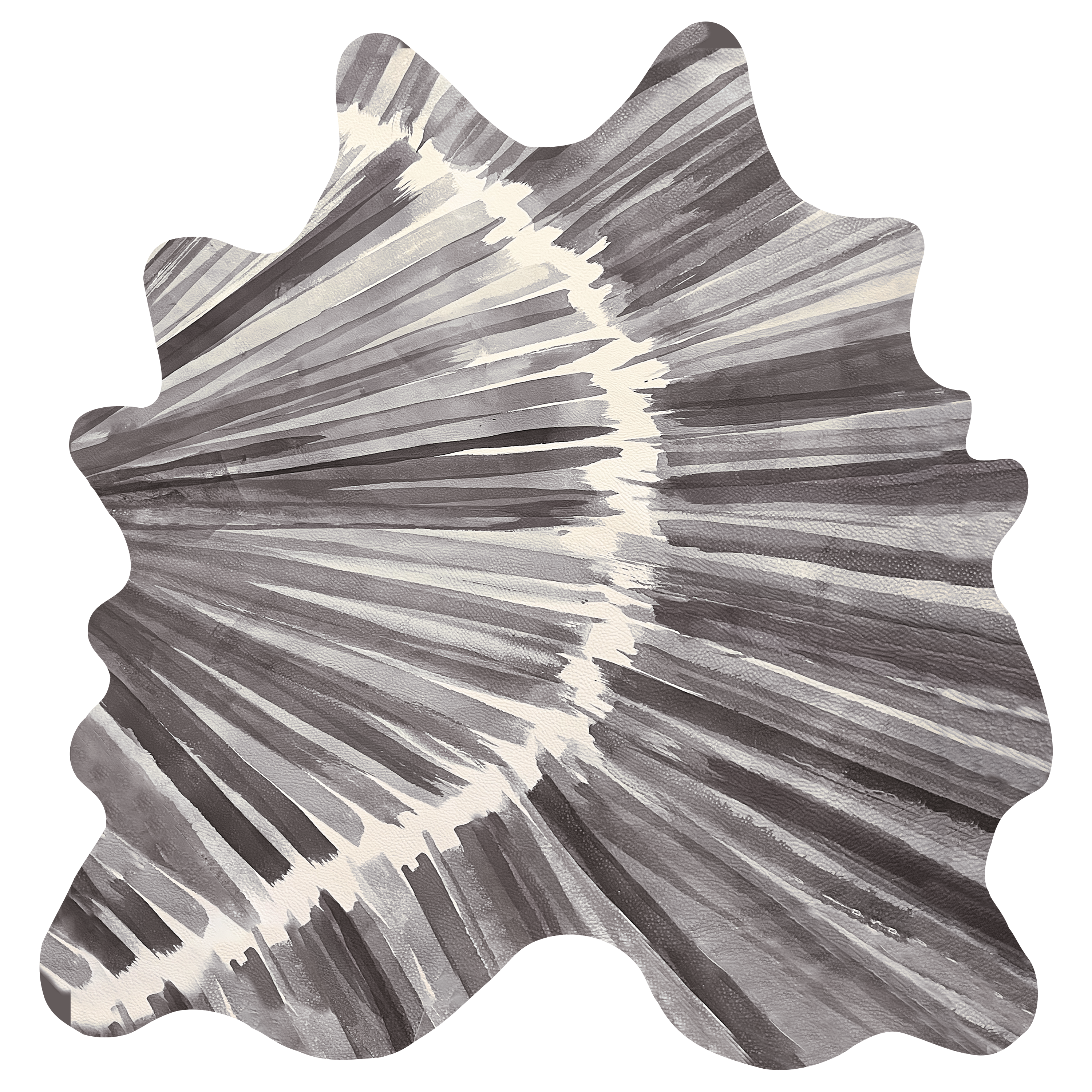 Detail of a cowhide rug in cream with an abstract painterly overlay in shades of gray.