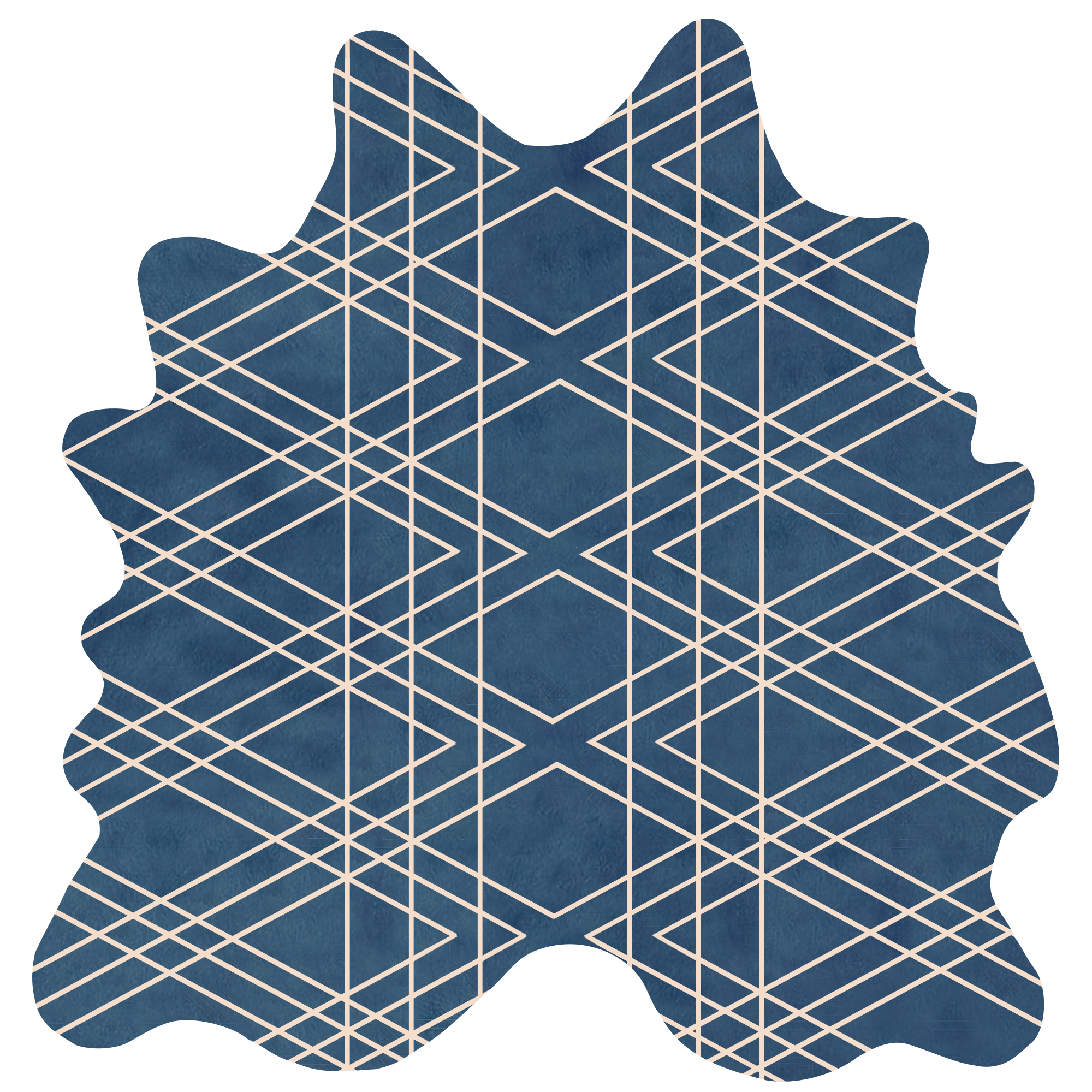 Detail of a cowhide rug in navy with a tan geometric overlay.