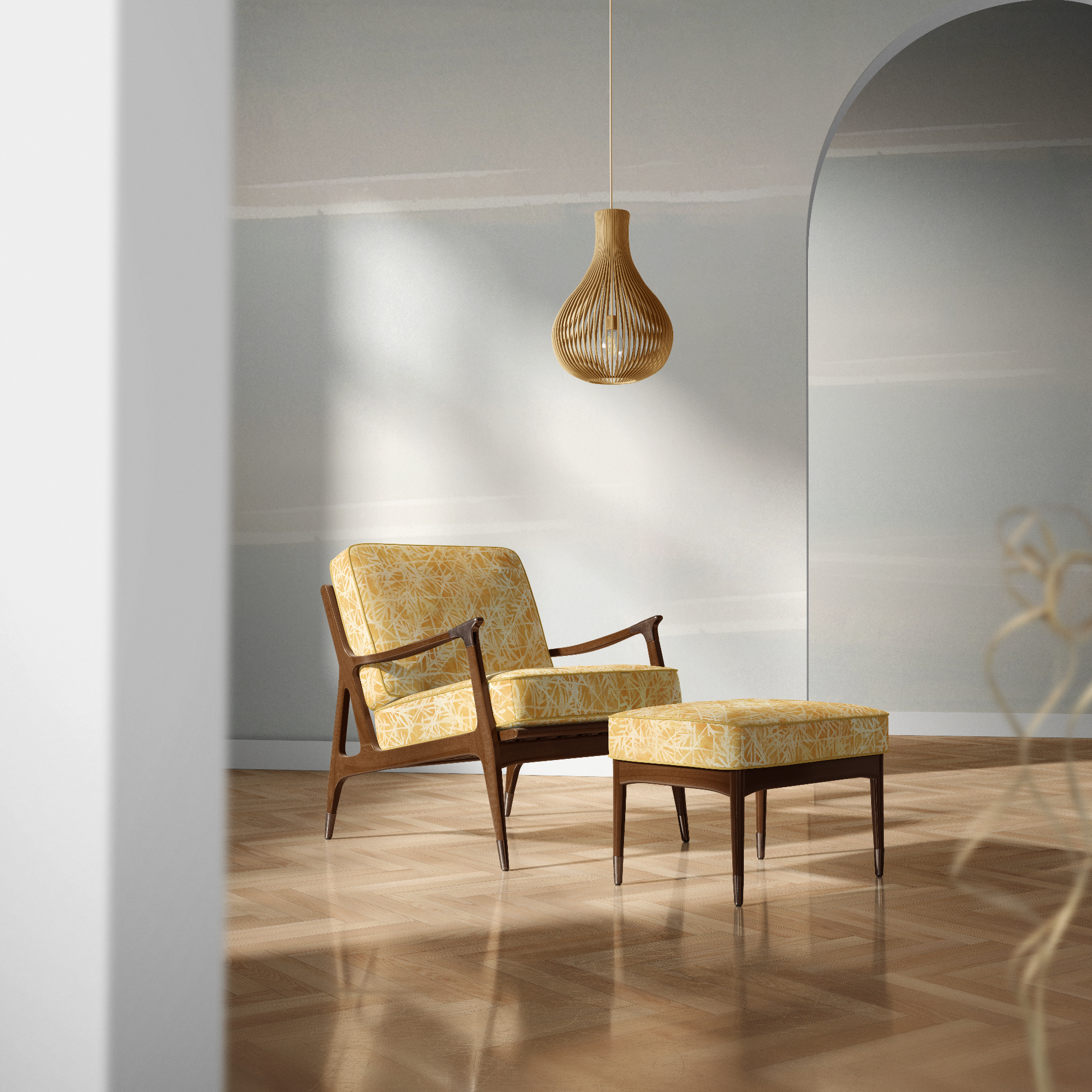 An airy living space with a matching armchair and ottoman, both upholstered in the same orange floral cowhide.