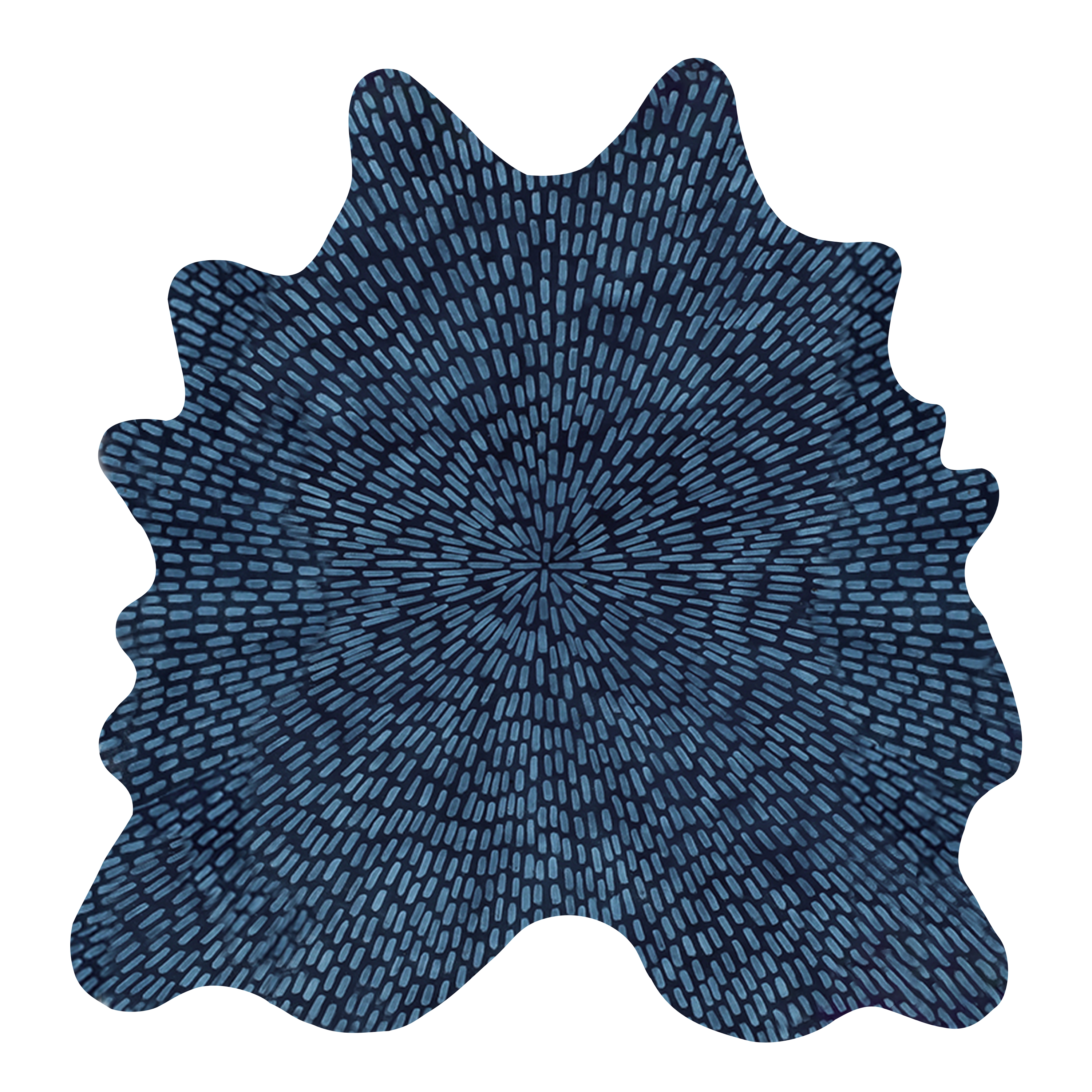 Detail of a cowhide rug in navy with a painterly starburst overlay in blue.