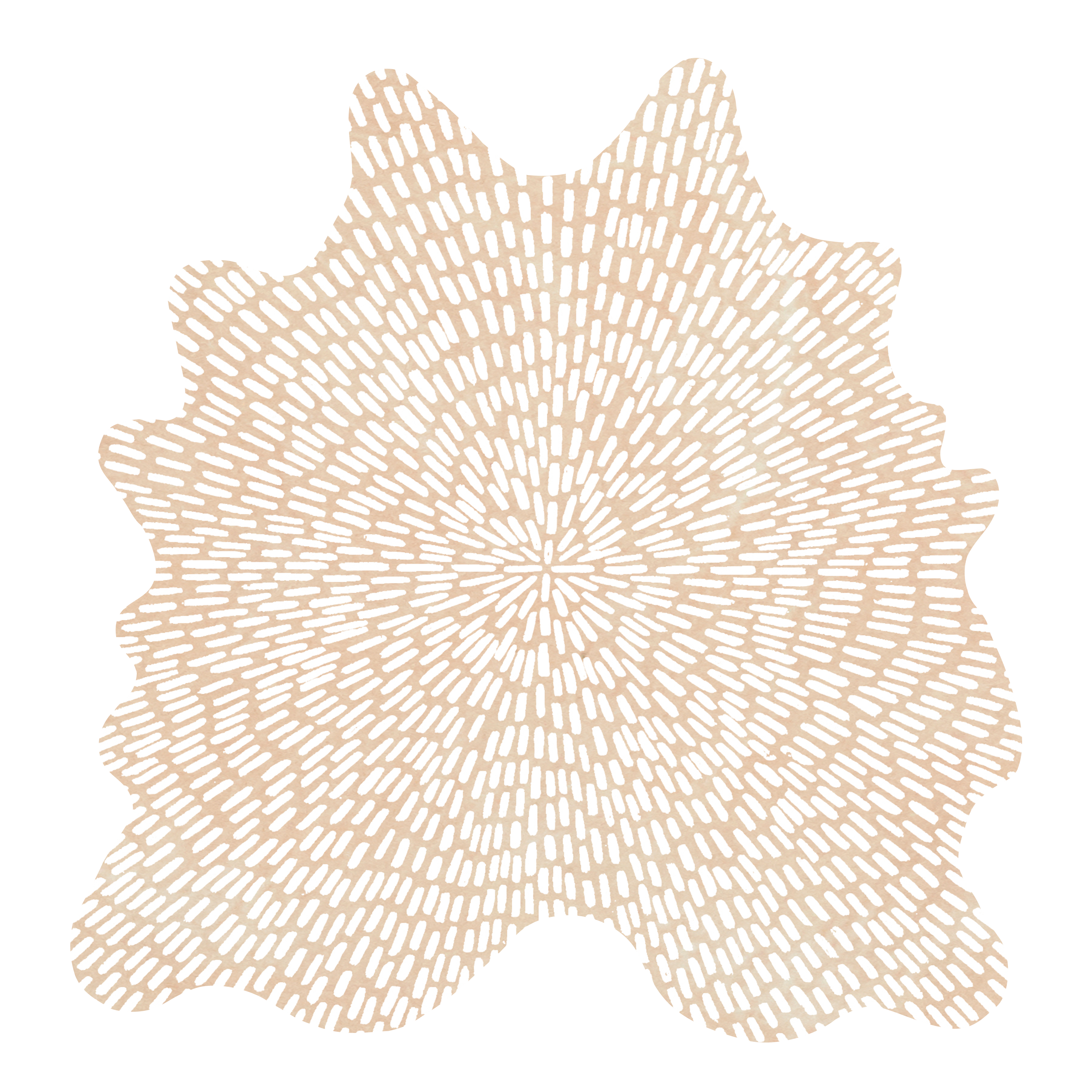 Detail of a cowhide rug in cream with a painterly starburst overlay in white.