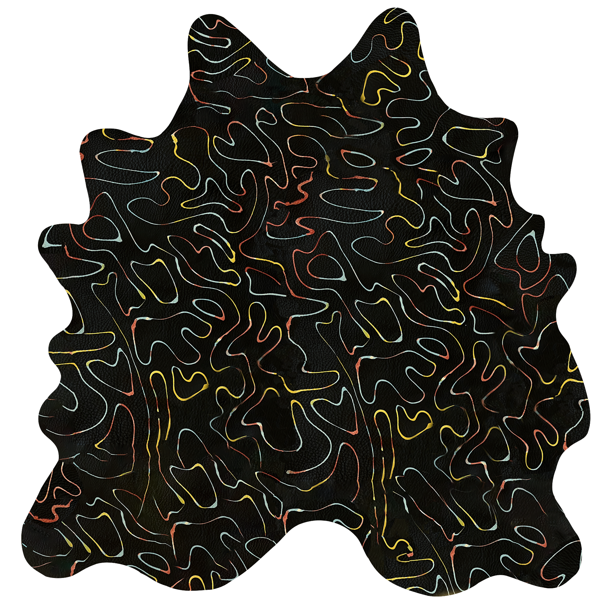 Detail of a cowhide rug in black with a multicolor curvilinear overlay.