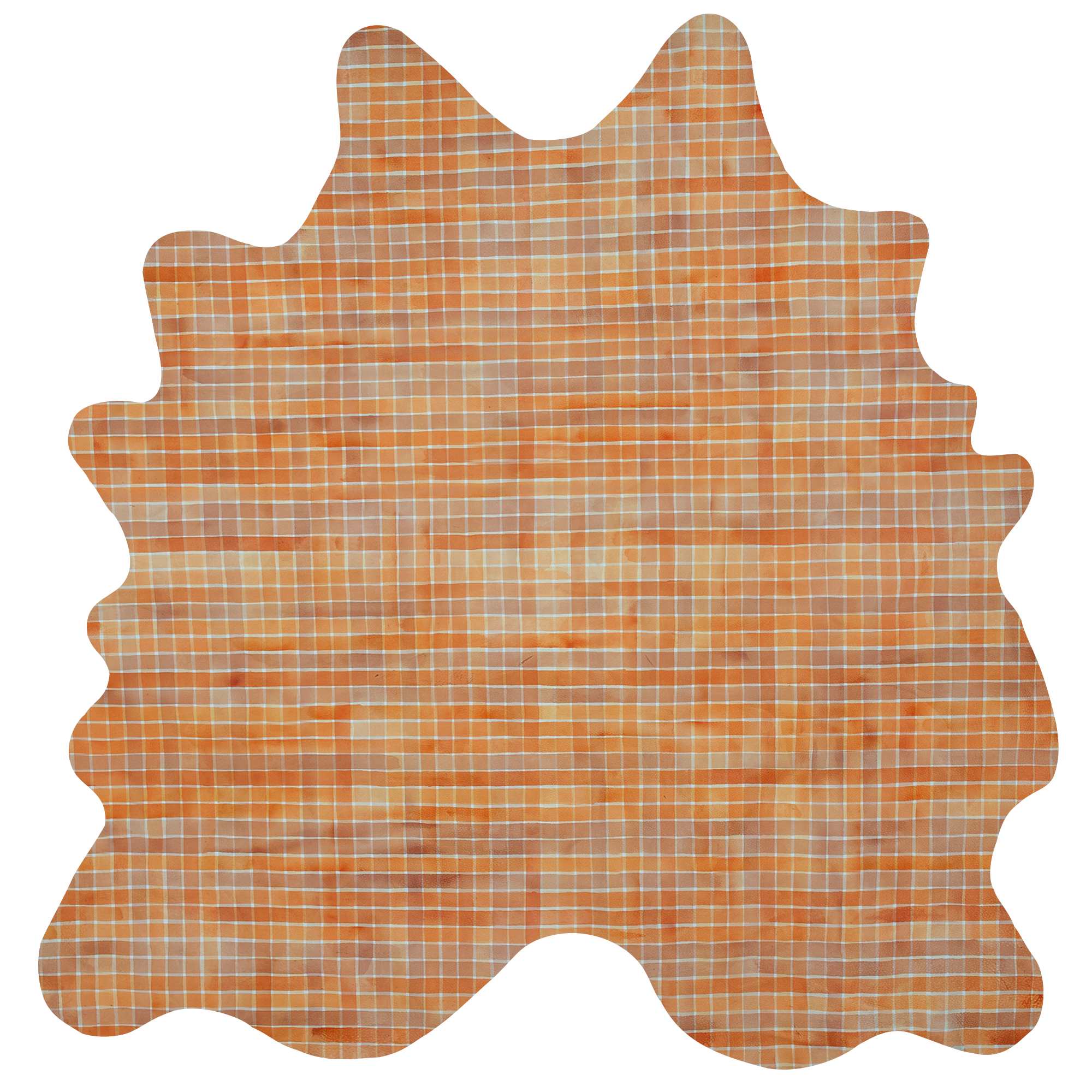 Detail of a cowhide rug in mottled orange and yellow with a plaid pattern.