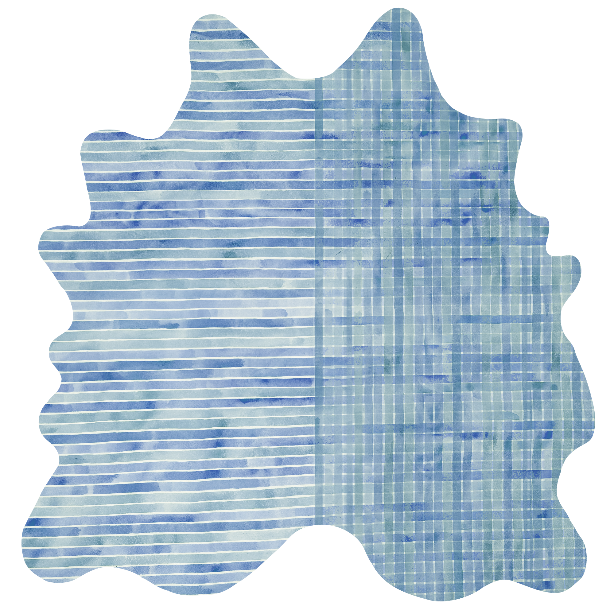 Detail of a cowhide rug in mottled blue and green with a placed stripe and plaid pattern.